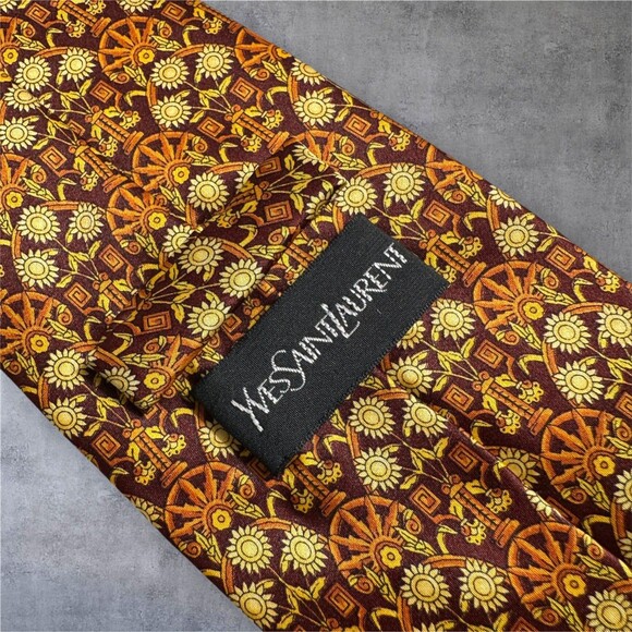 YVES SAINT LAURENT Tie Made in Italy Geometric 100% Silk YSL Tie Necktie Floral - Picture 3 of 8
